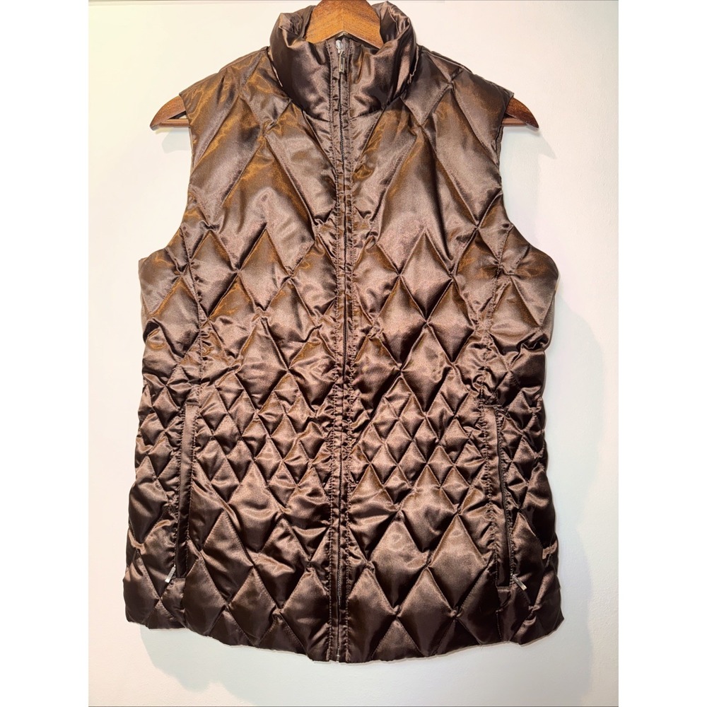 Lands End Full Zip Quilted Puffer Vest Shiny Small Goose Down Filled‎ Brown NWOT